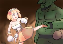  absurdres bare_shoulders blonde_hair breasts cleavage colored_skin commentary endro! fai_fai female flower gloves goblin_slayer! graphite_(medium) green_skin hair_flower hair_ornament hairband highres kicking licking_lips open_mouth orc parody ritore short_hair tongue tongue_out traditional_media you_gonna_get_raped 