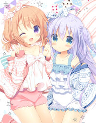  2girls ;d aono_ribbon bare_shoulders blue_eyes blue_hair blush camisole card club_(shape) collarbone commentary_request diamond_(shape) dress gochuumon_wa_usagi_desu_ka? hair_between_eyes hair_ribbon hands_up holding_hands hoto_cocoa jacket kafuu_chino light_brown_hair long_hair long_sleeves looking_at_viewer multiple_girls off_shoulder one_eye_closed one_side_up open_clothes open_jacket open_mouth pennant photoshop_(medium) pink_legwear pink_shorts playing_card purple_eyes ribbon short_shorts shorts sleeveless sleeveless_dress sleeves_past_wrists smile socks star_(symbol) string_of_flags striped_clothes striped_socks very_long_hair w white_camisole white_dress white_jacket white_ribbon 