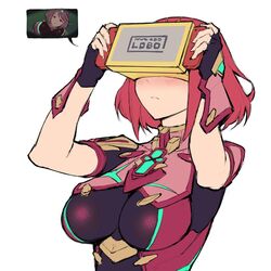  arms_up black_gloves blush bob_cut bodysuit breasts chest_jewel closed_mouth female fingerless_gloves frown gloves haoni head-mounted_display holding impossible_bodysuit impossible_clothes joy-con large_breasts meta nintendo_labo nintendo_switch pyra_(xenoblade) red_hair short_hair short_sleeves simple_background swept_bangs upper_body white_background xenoblade_chronicles_(series) xenoblade_chronicles_2 