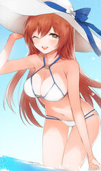  alternate_costume bikini blush breasts brown_hair cleavage commentary day female girls&#039;_frontline green_eyes groin hair_between_eyes hand_on_headwear highres large_breasts leaning_forward long_hair looking_at_viewer navel o-ring official_alternate_costume one_eye_closed open_mouth outdoors peanutc photoshop_(medium) sidelocks smile solo splashing springfield_(girls&#039;_frontline) springfield_(stirring_mermaid)_(girls&#039;_frontline) stomach swimsuit thighs wading water white_bikini 