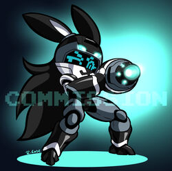  aiming ambiguous_gender anthro armor bonbon chibi lagomorph leporid machine mammal rabbit robot rongs1234 solo 