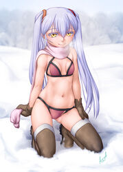  ^jj^ bikini boots breasts brown_footwear brown_gloves commentary_request female fur_trim gloves grey_hair hair_between_eyes highres hoshino_ruri kidou_senkan_nadesico kneeling long_hair looking_at_viewer navel photoshop_(medium) pink_scarf scarf small_breasts smile solo swimsuit thigh_boots thighhighs twintails visible_air yellow_eyes 