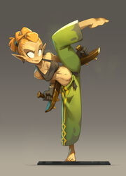  baggy_pants barefoot baton_tonfavik black_gloves breasts cleavage commentary dual_wielding earrings female fighting_stance forehead full_body gloves green_pants grey_background halterneck highres holding jewelry lips medium_breasts midriff navel no_pupils official_art orange_hair pants plantar_flexion pointy_ears pompadour sacrier short_hair solo split standing standing_on_one_leg striped toes toned tonfa vertical_stripes waven weapon xaxaxa 