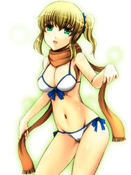  bikini blonde_hair breasts female green_eyes large_breasts original ponytail scarf simple_background smile solo swimsuit wakame white_background 