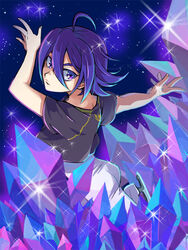  1121japa 1boy ahoge commentary_request crystal from_behind ice_skates king_of_prism king_of_prism_by_prettyrhythm looking_at_viewer looking_back male_focus night night_sky pretty_rhythm pretty_series purple_eyes purple_hair skates skating sky solo sparkle star_(sky) starry_sky suzuno_yuu 