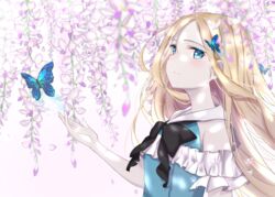  abigail_williams_(animejapan_2018)_(fate) abigail_williams_(fate) absurdres alternate_costume bare_shoulders black_bow black_neckwear blonde_hair blue_butterfly blue_eyes blush bow bug butterfly commentary fate/grand_order fate_(series) female from_side highres leaf long_hair looking_at_viewer official_alternate_costume outdoors parted_bangs sleeveless smile solo takenoko_27074918 