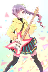  ;) asymmetrical_hair bass_guitar black_thighhighs commentary_request confetti drill_hair earrings female green_ribbons hair_ribbon highres hood hoodie instrument jewelry kaede_tomomi killer_guitars long_hair long_sleeves miniskirt music one_eye_closed playing_instrument pochita_(pochitaiko) purple_eyes purple_hair raramagi ribbon side_ponytail single_earring skirt smile solo standing thighhighs yellow_hoodie zettai_ryouiki 