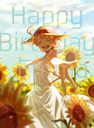  ahoge bad_id bad_pixiv_id birthday blue_sky blurry blurry_background blush character_name closed_eyes cloud day dress emma_(yakusoku_no_neverland) facing_viewer female flower happy happy_birthday hat highres mau_sakura neck_tattoo number_tattoo orange_hair outstretched_hand petals short_hair sky smile solo standing straw_hat sun_hat sunflower tattoo white_dress yakusoku_no_neverland 