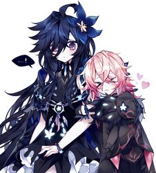  &gt;_&lt; ...! 2girls arm_hug artist_name black_dress black_hair blush bracelet closed_mouth commentary crying daydreamer_(elsword) dress elsword flower g_ieep hair_between_eyes hair_flower hair_ornament heart holding jewelry laby_(elsword) long_hair multiple_girls nisha_(elsword) nisha_labyrinth_(elsword) pink_eyes pink_hair signature simple_background symbol-only_commentary tears very_long_hair white_background 