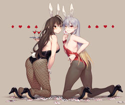  2girls absurdres ace_(playing_card) ace_of_diamonds ace_of_hearts animal_ears black_legwear black_leotard brown_background card choker club_(shape) commentary_request cup detached_collar diamond_(shape) drinking_glass eight_of_diamonds_(playing_card) fake_animal_ears fishnet_pantyhose fishnets five_of_spades four_of_diamonds four_of_hearts four_of_spades from_behind full_body heart high_heels highres holding holding_card king_(playing_card) king_of_spades kneeling leotard multiple_girls original oyk_(signx) pantyhose playboy_bunny playing_card queen_(playing_card) queen_of_diamonds rabbit_ears rabbit_tail red_leotard seven_of_diamonds seven_of_spades simple_background six_of_clubs spade_(shape) tail ten_of_diamonds ten_of_spades three_of_clubs three_of_diamonds three_of_hearts tray two_of_clubs two_of_hearts two_of_spades wine_glass wrist_cuffs 