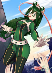  ang_(6107939) asui_tsuyu bad_id bad_pixiv_id black_eyes bodysuit boku_no_hero_academia breasts city commentary_request female frog_girl gloves goggles goggles_on_head green_bodysuit green_hair hair_between_eyes hair_rings highres long_hair long_sleeves long_tongue looking_at_viewer low-tied_long_hair medium_breasts outdoors signature solo_focus superhero_costume teeth tongue tongue_out upper_teeth_only white_gloves 