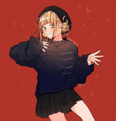  air_bubble apple_earrings bad_id bad_pixiv_id baggy_clothes beret black_skirt black_sweater blonde_hair blunt_bangs blush boku_no_hero_academia bubble commentary_request cowboy_shot dangle_earrings double_bun earrings eyelashes female food-themed_earrings gim_(gim-gim-3919) grin hair_bun hand_on_own_chest hat jewelry looking_at_viewer messy_hair nail_polish piercing pleated_skirt red_background red_nails sidelocks skirt sleeves_past_wrists smile solo sweater toga_himiko tsurime twitter_username yellow_eyes 