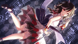  :p arrow_background bare_arms bare_shoulders beamed_eighth_notes black_footwear black_hair blue_sash bracelet breasts commentary_request cone_horns dress eighth_note feet_out_of_frame female from_side grey_background grey_horns hand_up high_heels holding holding_microphone horns jewelry kijin_seija looking_at_viewer medium_breasts microphone multicolored_hair musical_note nail_polish red_hair red_nails red_sailor_collar sailor_collar sandals sash short_hair small_horns smile solo staff_(music) streaked_hair striped_horns thighs tongue tongue_out torinari_(dtvisu) touhou white_dress white_hair wrist_cuffs 