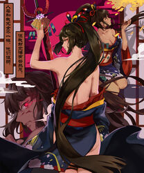  absurdres ass back bare_shoulders blood blood_on_face breasts brown_hair chinese_text cleavage clenched_teeth cloud cloudy_sky collarbone commentary_request cowboy_shot female floral_print from_behind full_moon glowing glowing_eyes hair_ribbon highres hikimayu japanese_clothes kimono long_hair looking_at_viewer looking_back medium_breasts moon multiple_views nail_polish narakuuu night obi off_shoulder onmyoji petals photoshop_(medium) ponytail red_eyes red_nails ribbon sash short_eyebrows sitting sky sliding_doors smoke sword teeth torn_clothes very_long_hair wariza weapon wide_sleeves youtou_hime_(onmyoji) 