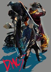  3boys arm_tattoo back-to-back bare_shoulders beak bird black_feathers black_footwear black_gloves black_hair black_legwear black_panther blue_coat book bracelet cane clenched_hand closed_mouth coat commentary_request cowboy_hat dante_(devil_may_cry) devil_breaker devil_may_cry_(series) devil_may_cry_5 feathers fingerless_gloves gloves grey_background griffon_(devil_may_cry_5) hand_on_headwear hat holding holding_book holding_cane holding_sword holding_weapon hood hood_down jewelry male_focus mechanical_arms multiple_boys nanathuika necklace nero_(devil_may_cry) on_shoulder red_coat red_queen_(sword) red_scarf sandals scarf simple_background single_mechanical_arm sleeping smile standing sword tattoo torn_clothes v_(devil_may_cry) weapon white_hair 