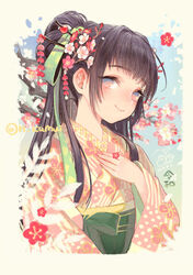  bad_id bad_pixiv_id black_hair branch closed_mouth commentary_request dated day female floral_print flower flower_ring green_ribbons hair_flower hair_ornament hair_ribbon hair_stick hand_on_own_chest japanese_clothes jewelry kamui_natsuki kimono long_hair looking_at_viewer obi original personification pink_eyes pink_kimono plum_blossoms ponytail reiwa ribbon ring sash signature smile solo twitter_username upper_body 