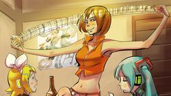  3girls aqua_hair blonde_hair blush bottle bow brown_hair card commentary crop_top hair_ornament hairbow hairclip hatsune_miku headphones indoors iroha_karuta kagamine_rin karuta_(card_game) meiko_(vocaloid) midriff motion_lines multiple_girls navel nippori_honsha poster_(object) short_hair shuffling_cards smile smug spring_onion twintails vocaloid yen 