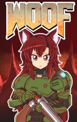  absurdres armor artistic_error blush closed_mouth commentary copyright_name cosplay doom_(2016) doom_(series) doomguy doomguy_(cosplay) english_commentary female gun highres holding holding_gun holding_weapon imaizumi_kagerou long_hair looking_at_viewer majormilk parody power_armor praetor_suit red_eyes red_hair sawed-off_shotgun shotgun shotgun_shell smile solo style_parody touhou upper_body weapon wool_(miwol)_(style) 