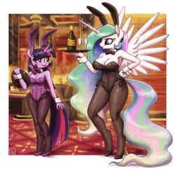  2018 5_fingers alcohol alicorn alpha_channel anthro beverage big_breasts blush booth_seating bottle bow_(feature) bow_tie breast_size_difference breasts bunny_costume carpet champagne cleavage clothed clothing container costume cuff_(restraint) cup detailed_background drinking_glass duo equid equine eyebrows eyelashes fake_ears fake_rabbit_ears feathered_wings feathers female fingers footwear friendship_is_magic fully_clothed furniture glass glass_container glass_cup hair hand_on_hip hasbro hi_res high_heels holding_object hoof_heels hooves horn inside king-kakapo legwear leotard long_hair makeup mammal mascara multicolored_hair my_little_pony mythological_creature mythological_equine mythology nervous open_mouth open_smile pantyhose playboy_bunny portrait princess_celestia_(mlp) pumps purple_eyes rainbow_hair restraints shoes smile sparkles spread_wings standing table tray twilight_sparkle_(mlp) unusual_heels waiter watermark white_body white_feathers wine_glass wings wrist_cuffs 