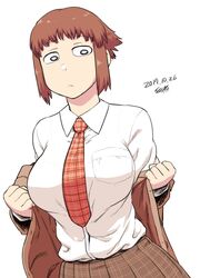  breasts brown_hair female large_breasts school_uniform shirt_removed short_hair tie tsukudani_(coke-buta) 