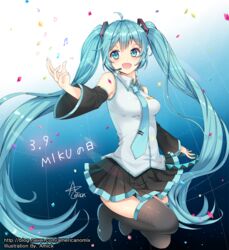  :d ahoge amick_(americanomix) bad_id bad_pixiv_id black_footwear black_skirt blue_eyes blue_hair blue_necktie boots character_name detached_sleeves female floating_hair full_body hatsune_miku headphones headset highres long_hair looking_to_the_side microphone miniskirt necktie open_mouth pleated_skirt shirt skirt sleeveless sleeveless_shirt smile solo thigh_boots thighhighs twintails very_long_hair vocaloid watermark white_shirt zettai_ryouiki 