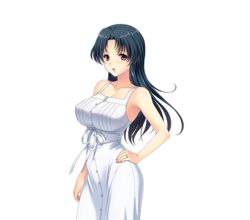  bare_arms bare_shoulders breasts cleavage collarbone cowboy_shot dress eyebrows female floating_hair game_cg green_hair hand_on_hip highres kuroda_akimi large_breasts long_hair looking_at_viewer natsuki_miyuri original red_eyes ring simple_background sleeveless solo standing tsumamigui_3 wedding_ring white_background white_dress 