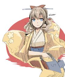  blue_eyes bow brown_hair commentary drill_hair female floral_print furisode hair_ribbon hairbow hakama hakama_short_skirt hakama_skirt haori hatakaze_(kancolle) highres isetta japanese_clothes kantai_collection kimono light_brown_hair long_sleeves looking_at_viewer machinery meiji_schoolgirl_uniform obi obiage obijime parted_lips ponytail ribbon sash simple_background skirt solo turret twitter_username upper_body wavy_hair weapon white_background white_kimono wide_sleeves 