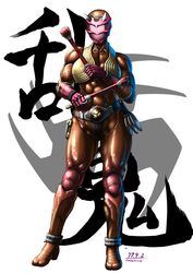  abs absurdres belt breasts character_request club_(weapon) commentary_request dark-skinned_female dark_skin dated dual_wielding faceless female full_body gloves highres holding holding_weapon horns kamen_rider kamen_rider_hibiki_(series) medium_breasts muscular muscular_female pink_gloves revealing_clothes shiny_skin solo taikyokuturugi weapon 