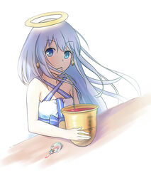  bad_id bad_pixiv_id bell bell_earrings bellringer_angel blue_eyes commentary dress drinking drinking_straw earrings female grey_hair halo jewelry long_hair looking_at_viewer photoshop_(medium) shadowverse sitting white_dress yahiro_(heartseek000) 