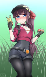  blue_eyes blush breasts brown_hair cellphone cleavage commentary cosplay ekz_(robotekz) female female_protagonist_(pokemon_go) female_protagonist_(pokemon_go)_(cosplay) fingerless_gloves gloves hair_ribbon hat holding holding_phone holding_poke_ball leggings long_hair looking_at_viewer medium_breasts new_game! phone poke_ball poke_ball_(basic) pokemon pokemon_go ponytail ribbon smartphone solo takimoto_hifumi wavy_mouth 