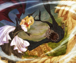  1boy blonde_hair cervus commentary_request demon_wings dress elbow_gloves fantasy female flying gloves horns monster open_mouth outdoors pixiv_fantasia pixiv_fantasia_last_saga red_eyes strapless strapless_dress wings 