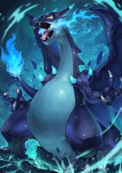  blue_fire breath_weapon breathing_fire charizard claws commentary_request dragon fangs fire flame-tipped_tail highres mega_charizard_x mega_pokemon no_humans open_mouth pokemon pokemon_(creature) red_eyes shiny solo standing tesshii_(riza4828) tongue 