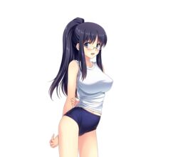  arms_behind_back bare_arms bare_legs bloomers blue_eyes blush breasts buruma cowboy_shot embarrassed eyebrows eyebrows_visible_through_hair female game_cg glasses gym_uniform highres jinno_ai kuroda_akimi large_breasts legs long_hair looking_at_viewer open_mouth original ponytail purple_hair simple_background sleeveless solo standing thighs tsumamigui_3 white_background 