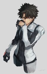  1boy black_hair bodysuit command_spell cropped_torso fate/grand_order fate_(series) fujimaru_ritsuka_(male) fujimaru_ritsuka_(male)_(chaldea_combat_uniform) gloves grey_background highres kouzuki_kei looking_at_viewer male_focus official_alternate_costume serious simple_background solo uniform upper_body wiping_face 