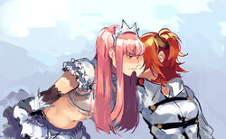  2girls blue_background blush chaldea_uniform commentary_request crop_top crown elbow_gloves fate/grand_order fate_(series) from_side fujimaru_ritsuka_(female) gloves grey_jacket hair_ornament hair_scrunchie highres idk-kun jacket kissing leaning_forward long_hair medb_(fate) midriff multiple_girls navel one_side_up orange_hair parted_lips pink_hair profile scrunchie short_hair short_sleeves smile wing_collar yuri 