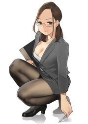  black_pantyhose breasts brown_eyes brown_hair business_suit cleavage commentary earrings female formal high_heels highres jewelry long_hair looking_at_viewer mechanical_pencil miru_tights okuzumi_yuiko pantyhose pencil picking_up skirt smile solo squatting suit teacher thighs yomu_(sgt_epper) 