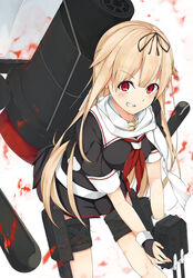  black_ribbon black_serafuku black_skirt blonde_hair braid commentary_request female hair_between_eyes hair_flaps hair_ornament hair_ribbon hairclip hiraba_6018 kantai_collection leaning_forward long_hair machinery neckerchief pleated_skirt red_eyes red_neckerchief ribbon scarf school_uniform serafuku single_braid skirt solo straight_hair torpedo white_scarf yuudachi_(kancolle) yuudachi_kai_ni_(kancolle) 