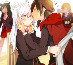  4girls ^^^ animal_ears black_hair blake_belladonna blonde_hair blush brown_hair cat_ears chair cloak closed_eyes collared_shirt cup facing_another holding holding_cup kissing leaning_forward long_hair long_sleeves mikan-uji multiple_girls red_cloak red_skirt ruby_rose rwby scar scar_across_eye scar_on_face school_uniform shirt short_hair siblings side_ponytail sisters sitting skirt source_request spit_take spitting sweat weiss_schnee white_eyes white_hair yang_xiao_long yuri 