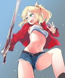  belt blonde_hair breasts clarent_(fate) commentary_request denim denim_shorts fangs fate/apocrypha fate_(series) female from_below green_eyes jacket long_hair medium_breasts midriff mordred_(fate) mordred_(fate/apocrypha) mordred_(memories_at_trifas)_(fate) mozu_(peth) ponytail red_jacket short_shorts shorts solo sword underboob weapon 