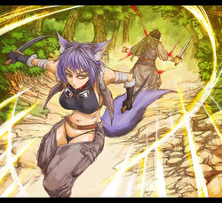  1boy animal_ears bandaged_arm bandages black_panties blood blood_spray breasts cervus collar commentary_request dagger dual_wielding fantasy female forest fur_trim gloves goggles goggles_around_neck holding knife large_breasts letterboxed nature navel outdoors panties pixiv_fantasia pixiv_fantasia_last_saga purple_hair tail thong underwear vest weapon yellow_eyes 