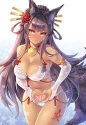  animal_ear_fluff animal_ears black_hair blunt_bangs blush bra breasts bridal_gauntlets cleavage commentary_request cowboy_shot daki_(sennen_sensou_aigis) dark-skinned_female dark_skin elbow_gloves embroidered_bra embroidered_panties eyelashes facial_mark female flower fox_ears fox_girl fox_tail gloves glowing_tattoo gradient_background hair_flower hair_ornament hair_stick heart heart_hands large_breasts leg_tattoo legs_together lips lipstick long_hair looking_at_viewer makeup makirin navel nose_blush panties pubic_tattoo sennen_sensou_aigis slit_pupils smile snowflake_print snowflakes solo standing tail tassel tattoo thighs underwear underwear_only very_long_hair whisker_markings white_bra white_gloves white_panties yellow_eyes 