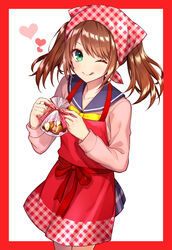  1boy ;q akariko apron blue_sailor_collar blue_skirt blush border bow closed_mouth commentary_request cookie cowboy_shot food gift_bag green_eyes head_scarf heart highres holding idolmaster idolmaster_side-m long_hair long_sleeves looking_at_viewer male_focus miniskirt mizushima_saki neckerchief one_eye_closed otoko_no_ko pink_ribbon pink_shirt plaid plaid_skirt polka_dot polka_dot_ribbon red_apron red_border red_ribbon ribbon sailor_collar school_uniform serafuku shirt sidelocks simple_background skirt solo tongue tongue_out twintails valentine white_background yellow_bow yellow_neckerchief 