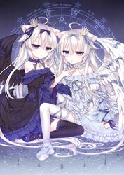  2girls absurdres animal_ears black_legwear cat_ears dress gothic_lolita heterochromia highres lolita_fashion long_hair mole mole_under_eye multiple_girls original ribbon rolo_noir thighhighs tsukikage_nemu white_legwear wings yves_astroel 