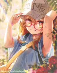  adjusting_clothes adjusting_headwear armpits arms_up bag baseball_cap bespectacled blue_shirt brown_eyes commentary daikazoku63 deviantart_username eyelashes female flower glasses hat hataraku_saibou highres light_brown_hair looking_at_viewer photoshop_(medium) platelet_(hataraku_saibou) red-framed_eyewear rose shirt short_sleeves smile solo upper_body 