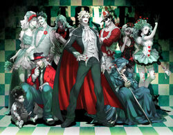  aqua_dress aqua_hair ascot black_hair blonde_hair blood blood_on_clothes blood_on_face boingo bow bowtie breasts bridal_veil cape checkered_floor cleavage closed_eyes colored_skin commentary_request cosplay crossdressing crossed_arms crown daniel_j._d&#039;arby dio_brando dracula dracula_(cosplay) dress facial_hair facial_tattoo fangs flower formal frankenstein&#039;s_monster frankenstein&#039;s_monster_(cosplay) halloween hand_on_own_hip hat head_wreath highres hol_horse jojo_no_kimyou_na_bouken kakipiinu locked_arms long_hair mariah_(jojo) medium_breasts medium_hair midler moustache n&#039;doul nail_polish necktie nurse oingo open_mouth pale_skin photoshop_(medium) red_eyes red_nails robe rose short_hair smile squatting staff stardust_crusaders suit tattoo terence_t._d&#039;arby thighhighs tuxedo vampire vanilla_ice veil wedding_dress white_hair white_skin 