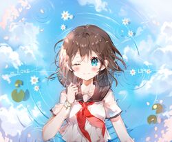  b_rock bad_id bad_pixiv_id blue_eyes blush breasts brown_hair closed_mouth collarbone female large_breasts lily_pad long_hair looking_at_viewer lying neckerchief on_back one_eye_closed original red_neckerchief ripples smile solo water 