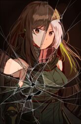  2girls arm_guards armband armpit_crease bandana breasts broken_glass brown_eyes brown_hair clothes_around_waist commentary detached_sleeves elisa_(girls&#039;_frontline) english_commentary girls&#039;_frontline glass hair_between_eyes headphones jacket jacket_around_waist long_hair looking_at_viewer m4a1_(girls&#039;_frontline) m4a1_(mod3)_(girls&#039;_frontline) mask multicolored_hair multiple_girls purple_eyes ribbed_sweater sangvis_ferri scarf shattered sidelocks silence_girl skull_mask strap streaked_hair sweater sweater_vest white_hair 