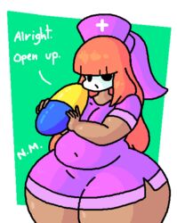  1girls big_ass big_belly big_breasts big_butt breasts chubby chubby_female clothing cute dress english_text female female_only large_ass large_breasts larger_female mario_(series) mask nintendo nurse_uniform purple_dress red_hair shy_gal sleepyslut solo spongebob_reference standing text thick_thighs thighs tummy 