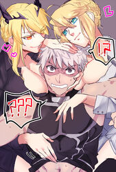  ahoge archer_(fate) artoria_pendragon_(fate) artoria_pendragon_(lancer)_(fate) artoria_pendragon_(lancer_alter)_(fate) blush breasts cleavage commentary_request fate/grand_order fate/stay_night fate_(series) green_eyes grey_eyes grey_hair image_sample izayoi_(hosiume-sukonnbu) pixiv_sample saber_(fate) saber_alter sweat sweatdrop tan yellow_eyes 