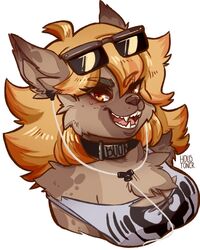  alternative_fashion anthro boon_digges breasts cleavage clothed clothing collar eyewear female houstoncr hyena mammal solo spotted_hyena sunglasses text text_on_collar 